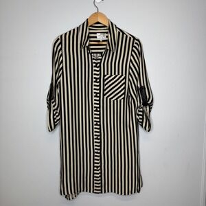 Milly Womens Black Cream Striped Roll Tab Sleeve Button Down Tunic Shirt Size 4